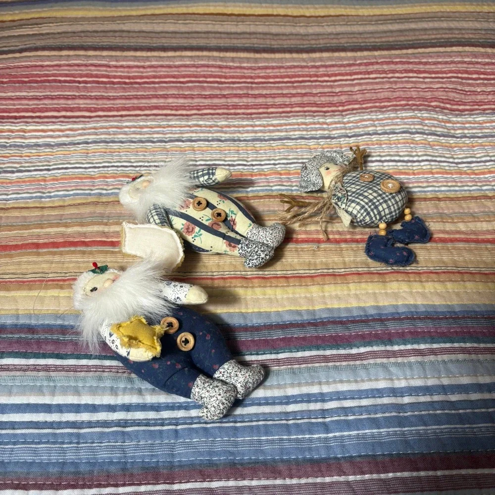 Vintage Primitive Christmas Ornaments Set of 3 Handmade Fabric Santas Folk Art